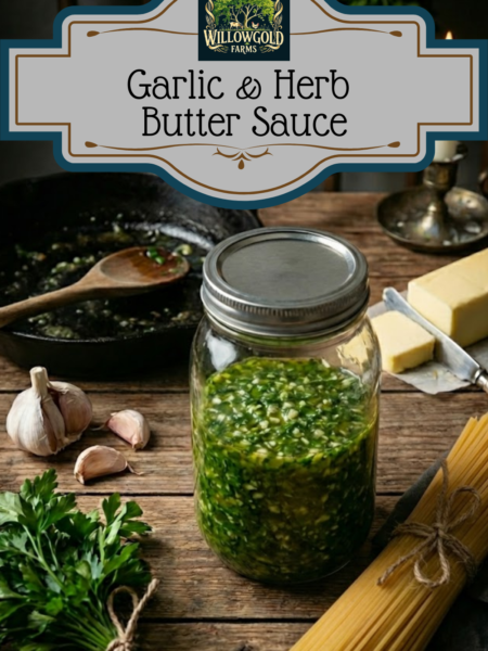 A glass mason jar filled with vibrant green garlic and herb butter sauce sitting on a dark wooden table next to a bundle of dried spaghetti, fresh parsley, garlic bulbs, and a block of butter.