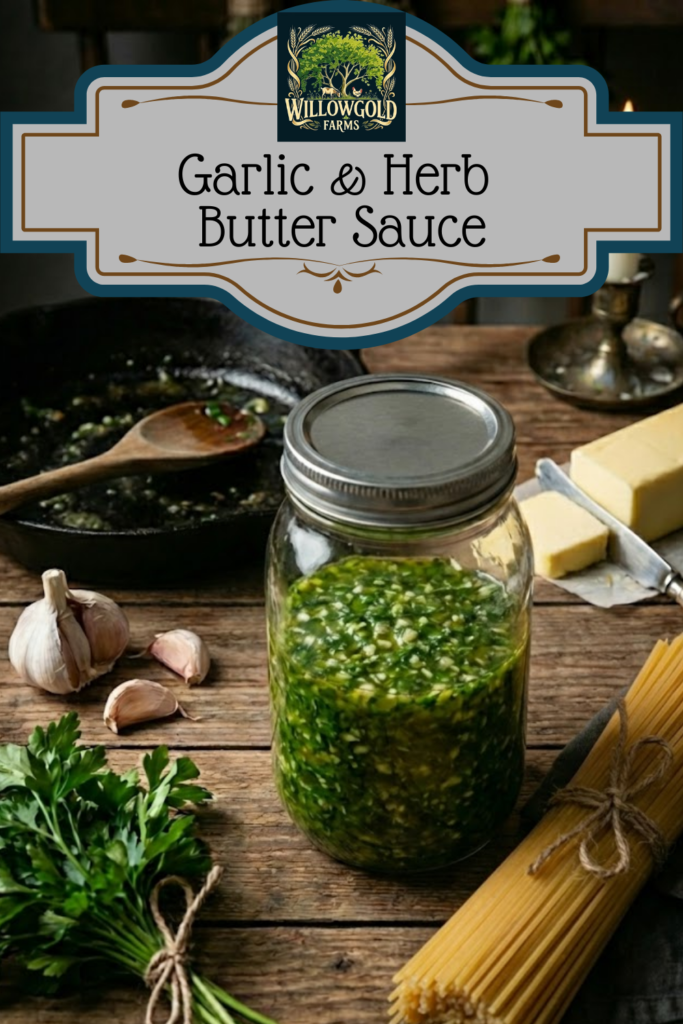 A glass mason jar filled with vibrant green garlic and herb butter sauce sitting on a dark wooden table next to a bundle of dried spaghetti, fresh parsley, garlic bulbs, and a block of butter.