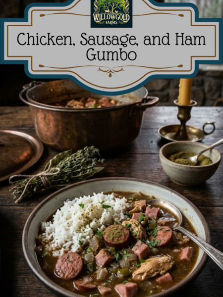 A rustic earthenware bowl filled with a dark chicken, sausage, and ham gumbo ladled over fluffy white rice, sitting on a weathered wooden table. A vintage spoon rests in the bowl. Behind it are a heavy copper Dutch oven, its lid, a bundle of dried herbs, and a small bowl of green gumbo filé powder, all in moody natural light filtered through a misty cottage window.