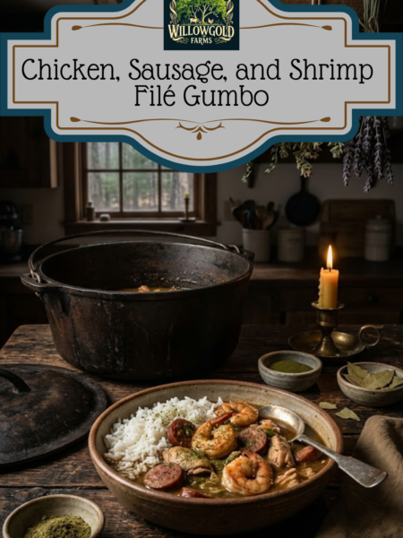 A top-down view of a rustic earthenware bowl filled with a dark, rich Creole Chicken, Sausage, and Shrimp Gumbo served over white rice. The bowl sits on a dark wood table next to a tarnished cast iron pot, dried hanging herbs, and a lit beeswax candle in a dimly lit, cozy cottage kitchen setting.