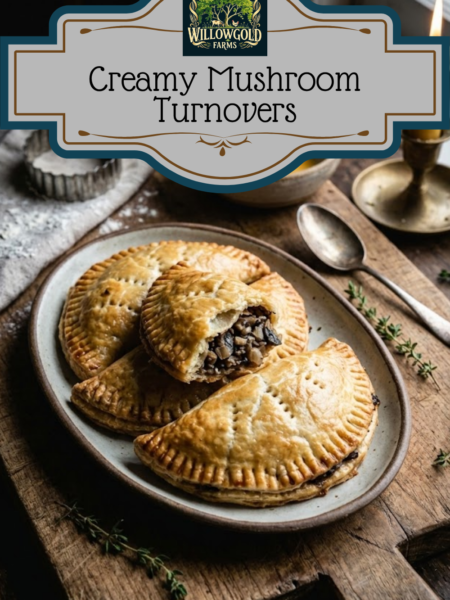 A close-up photograph of golden-brown mushroom turnovers resting on a rustic wooden board, with a floured rolling pin and fresh thyme in the blurred background.