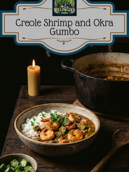 Moody natural light illuminates a rustic stoneware bowl filled with authentic Creole shrimp and okra gumbo over a bed of white rice, garnished with parsley. The bowl sits on a distressed wooden table next to a well-used cast iron Dutch oven pot, a vintage wooden spoon, and a flickering beeswax candle. Hanging dried herbs are in the dimly lit background. (Cottagecore aesthetic).