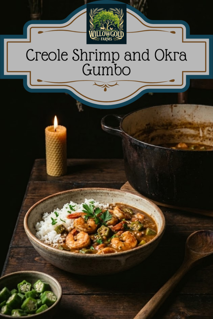 Moody natural light illuminates a rustic stoneware bowl filled with authentic Creole shrimp and okra gumbo over a bed of white rice, garnished with parsley. The bowl sits on a distressed wooden table next to a well-used cast iron Dutch oven pot, a vintage wooden spoon, and a flickering beeswax candle. Hanging dried herbs are in the dimly lit background. (Cottagecore aesthetic).