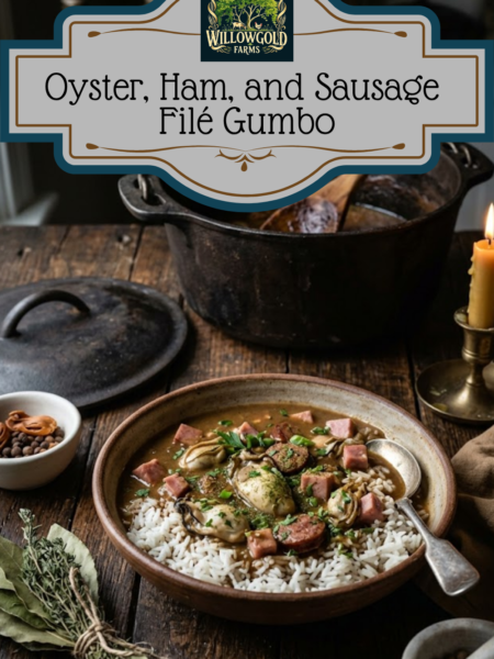 A rustic earthenware bowl filled with dark Creole Oyster, Ham, and Sausage Gumbo ladled over a mound of white rice, garnished with parsley. A vintage spoon rests in the bowl. Behind it are a heavy copper Dutch oven and its lid, a bundle of dried herbs, and a small, flickering beeswax candle on a weathered wooden table.
