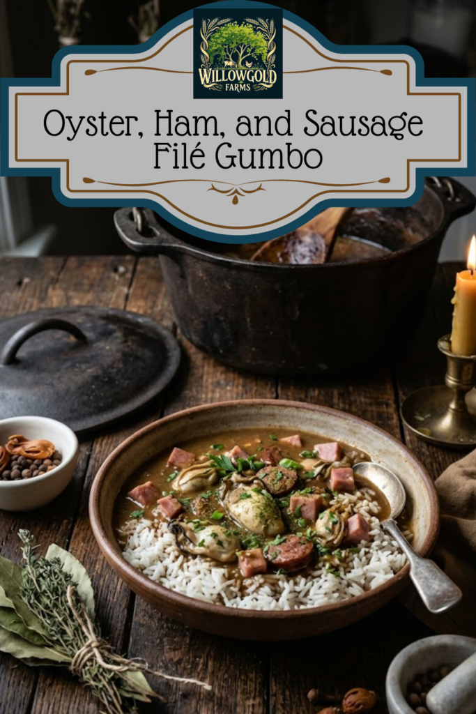 A rustic earthenware bowl filled with dark Creole Oyster, Ham, and Sausage Gumbo ladled over a mound of white rice, garnished with parsley. A vintage spoon rests in the bowl. Behind it are a heavy copper Dutch oven and its lid, a bundle of dried herbs, and a small, flickering beeswax candle on a weathered wooden table.