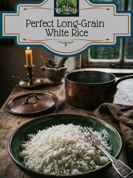A rustic stoneware bowl filled with fluffy, perfectly cooked long-grain white rice, resting on an aged wooden table. A vintage fork is stuck into the rice, indicating it has just been fluffed. In the background are a heavy copper saucepan, its lid, and a lit beeswax candle set against a cottage window overlooking a moody, rain-soaked forest.