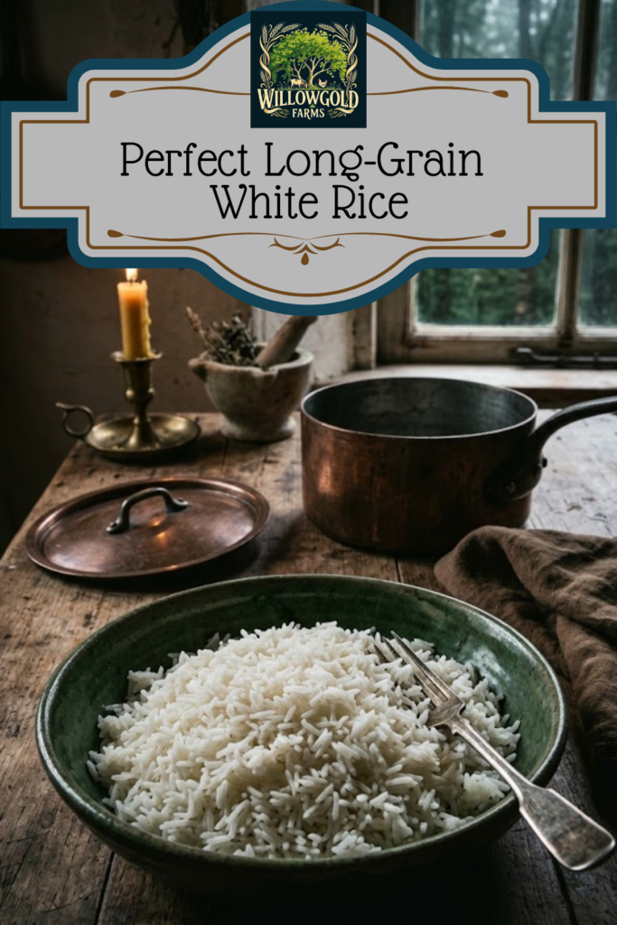 A rustic stoneware bowl filled with fluffy, perfectly cooked long-grain white rice, resting on an aged wooden table. A vintage fork is stuck into the rice, indicating it has just been fluffed. In the background are a heavy copper saucepan, its lid, and a lit beeswax candle set against a cottage window overlooking a moody, rain-soaked forest.