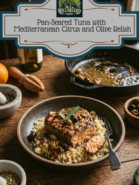 A perfectly seared tuna steak served over a bed of fluffy couscous in a dark ceramic bowl, topped with a vibrant olive and citrus sauce. The scene includes a cast iron skillet, fresh olives, and orange slices on a rustic wooden table in a cottagecore setting.