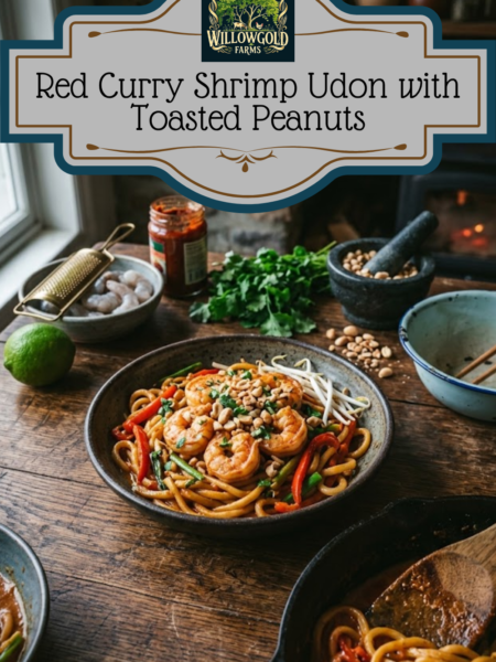 A dark, atmospheric cottagecore kitchen scene featuring a bowl of red curry udon noodles topped with large sautéed shrimp and crushed peanuts. A cast iron skillet, fresh lime, and a mortar and pestle with peanuts sit on a weathered wooden table in the background.
