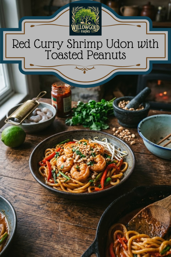 A dark, atmospheric cottagecore kitchen scene featuring a bowl of red curry udon noodles topped with large sautéed shrimp and crushed peanuts. A cast iron skillet, fresh lime, and a mortar and pestle with peanuts sit on a weathered wooden table in the background.
