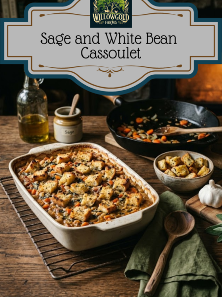 A ceramic baking dish filled with white bean and prosciutto cassoulet topped with golden bread cubes, set on a wooden table next to a cast iron skillet, fresh carrots, and garlic in a dark cottagecore kitchen setting.