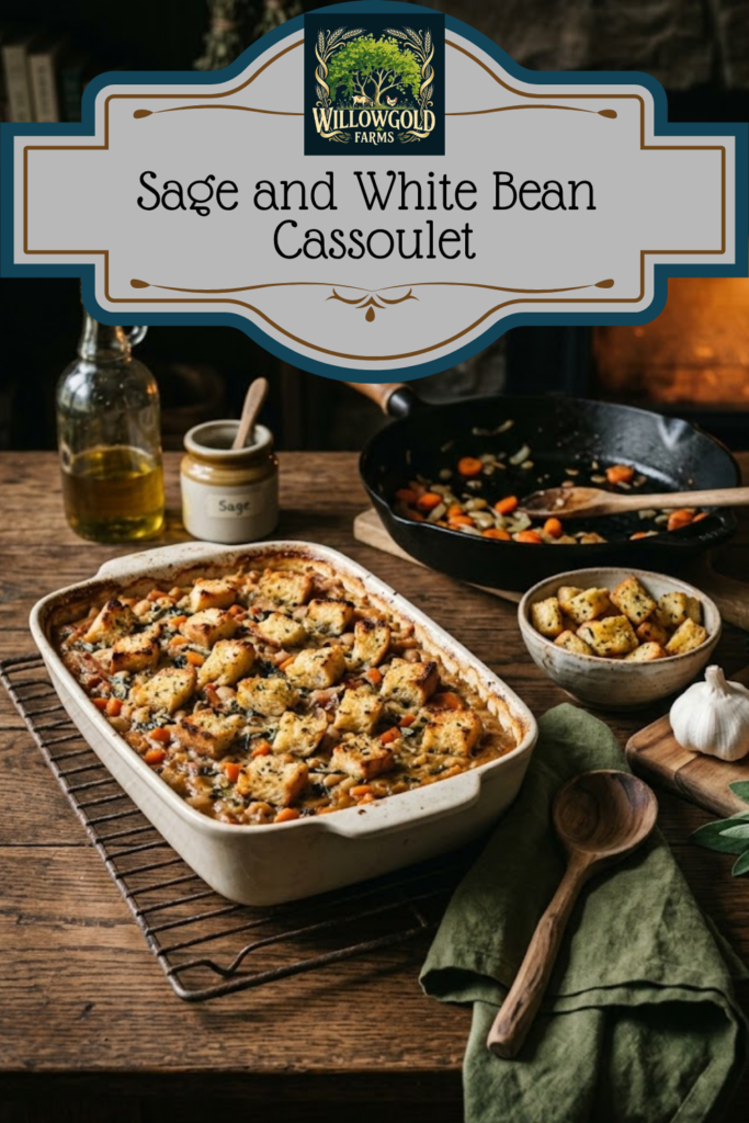 A ceramic baking dish filled with white bean and prosciutto cassoulet topped with golden bread cubes, set on a wooden table next to a cast iron skillet, fresh carrots, and garlic in a dark cottagecore kitchen setting.